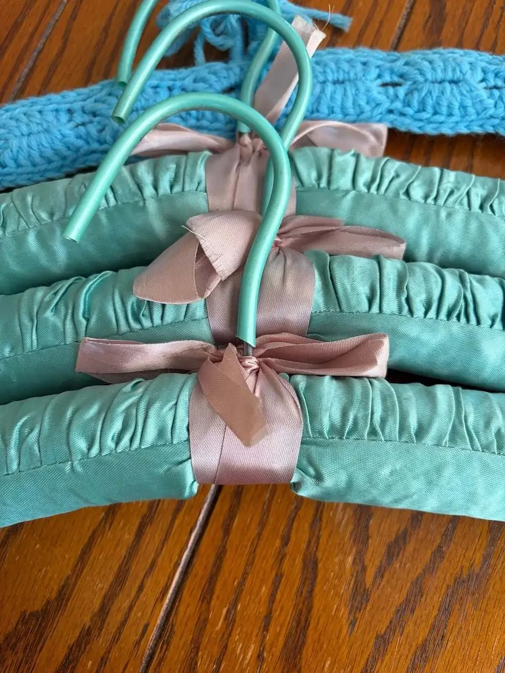 Vintage Satin Padded Clothes Hangers with Crochet Hanger Lot of 4